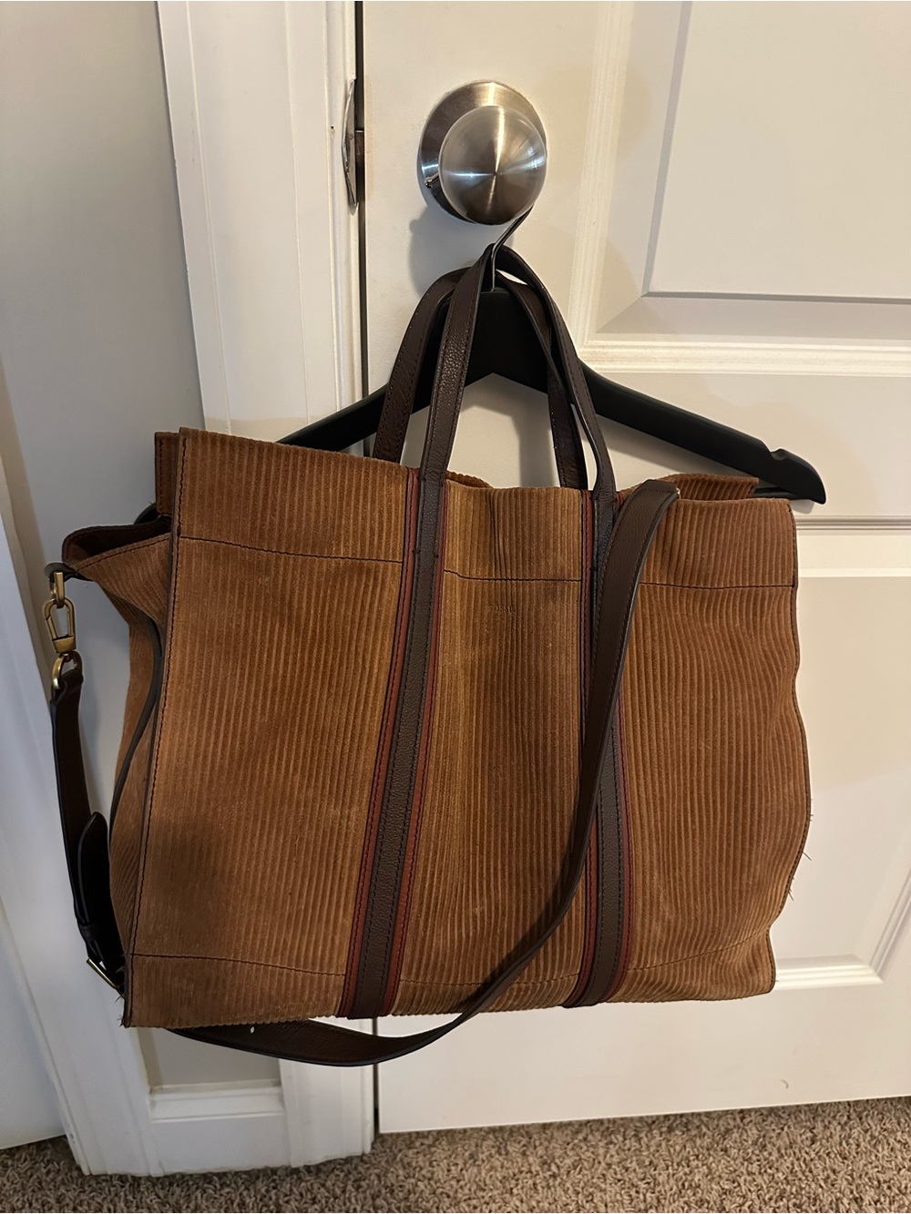 Fossil Corduroy Tote in Brown & Black